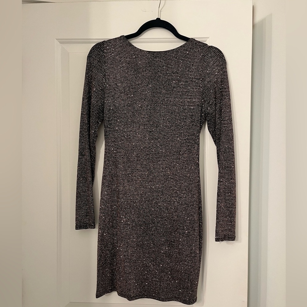 black fabric and caramel brown sequins cocktail dress